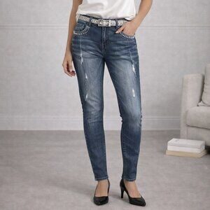 V Cristina size 8 Blue Denim Diamond Rhinstone Sequined Embellished Skinny Jeans